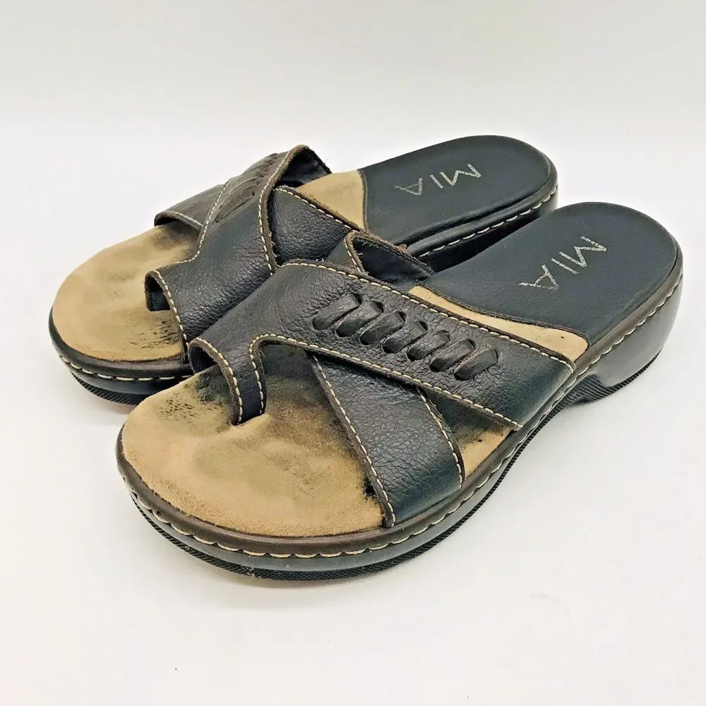 MIA Brown Leather Sandals Women's 6M Casual Slip On Platform Wedge Slide Brazil